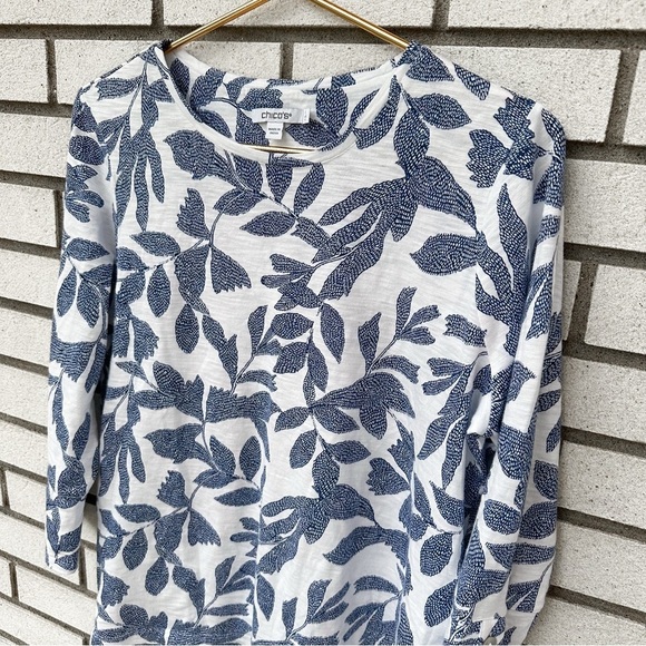 Chico’s Cotton Slub Leaf Print 3/4 Sleeve Button Tee Blue White - Picture 5 of 13